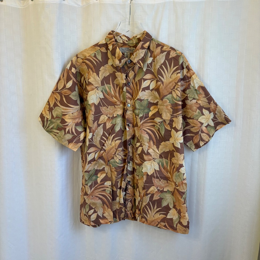 Tori Richard Hawaiian Shirt Mens 2XL Brown Tropical Leaf Cotton Lawn Button Up